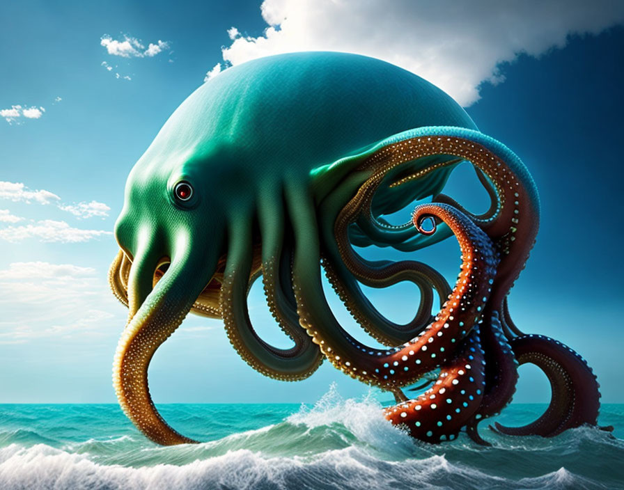 Gigantic teal octopus with orange suction cups in tumultuous ocean