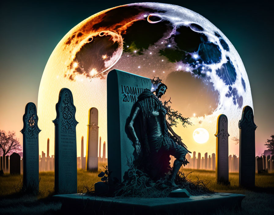 Moonlit graveyard with skeletal figure, glowing orb, and eerie moon.