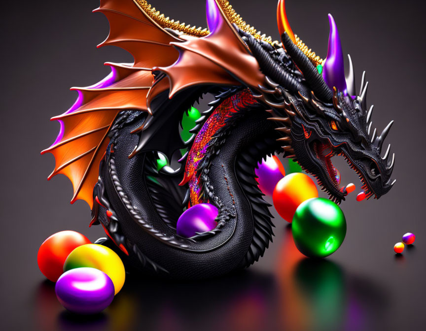 Colorful Digital Artwork: Coiled Black Dragon with Orange Wings and Orbs