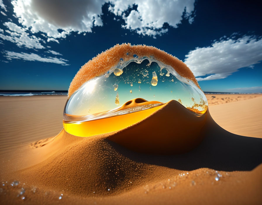 Translucent golden bubble in sandy desert under blue sky