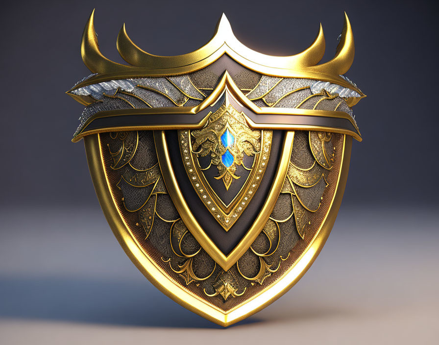 Golden Shield with Engravings and Blue Gemstone on Gradient Background