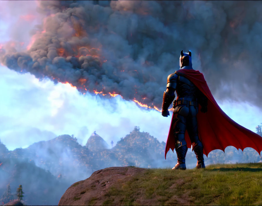 Caped hero faces fire dragon in epic landscape