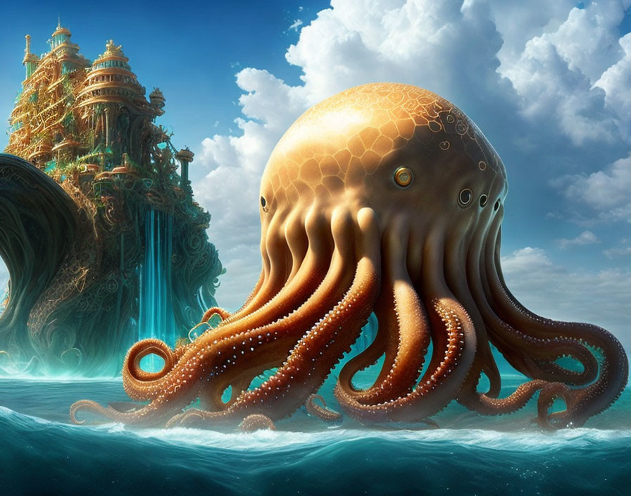 Giant octopus near fantasy tower in vibrant ocean