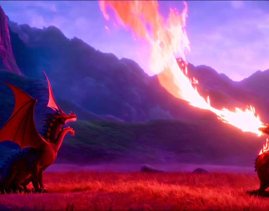 Red Dragon Breathing Fire in Mystical Landscape with Purple Skies and Mountainous Background