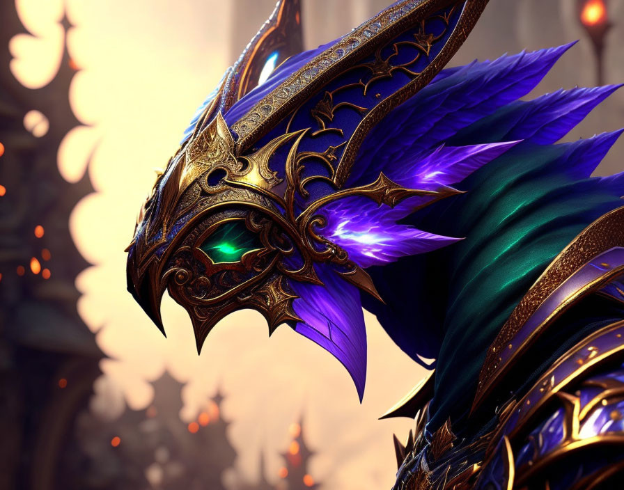 Fantasy armor with golden trim, purple feathers, and glowing green eye in grand hall setting