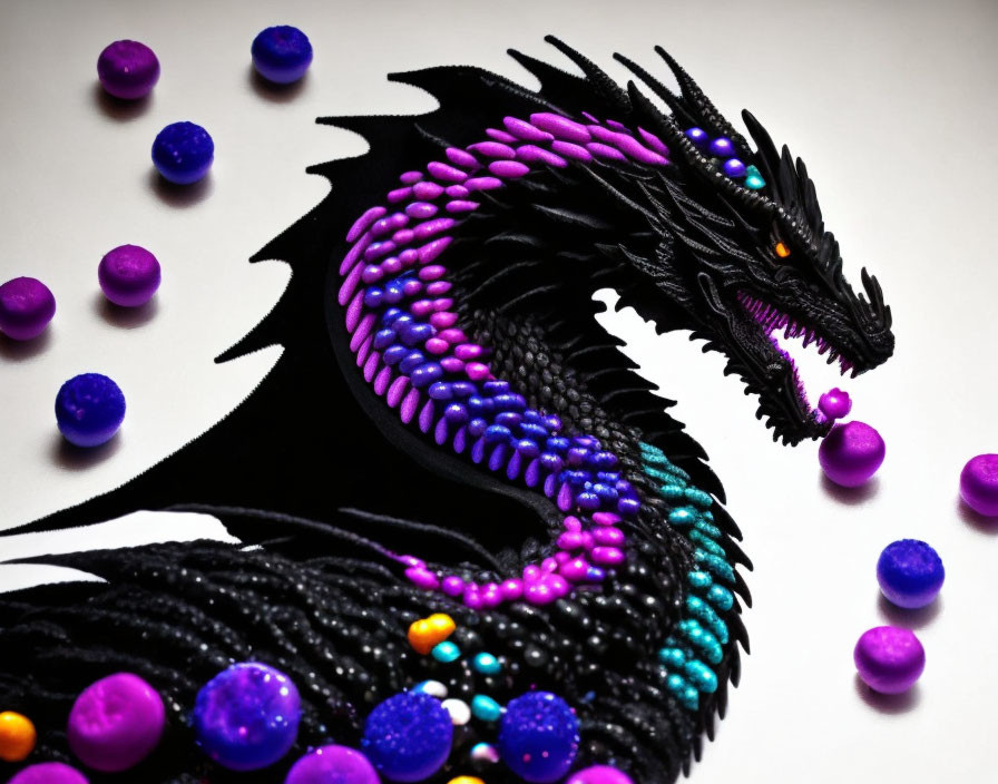 Colorful Dragon Sculpture with Multicolored Spheres on White Surface