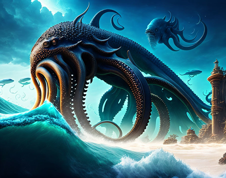 Fantastical ocean scene with giant octopus, cliff castle, and floating creatures