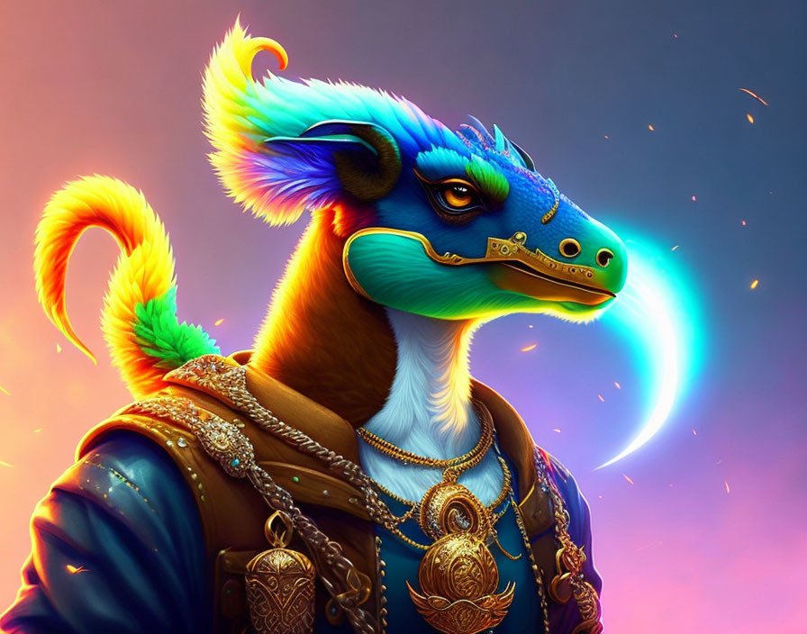 Anthropomorphic dragon character in blue scales, steampunk armor, gold jewelry, against vibrant backdrop