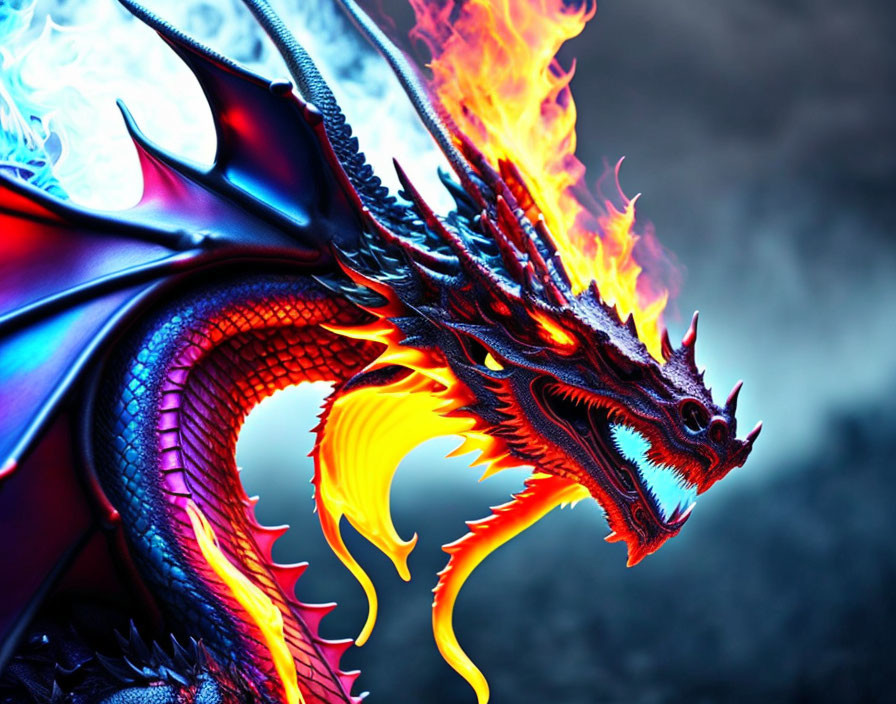 Colorful Dragon Artwork with Flames on Blue Background