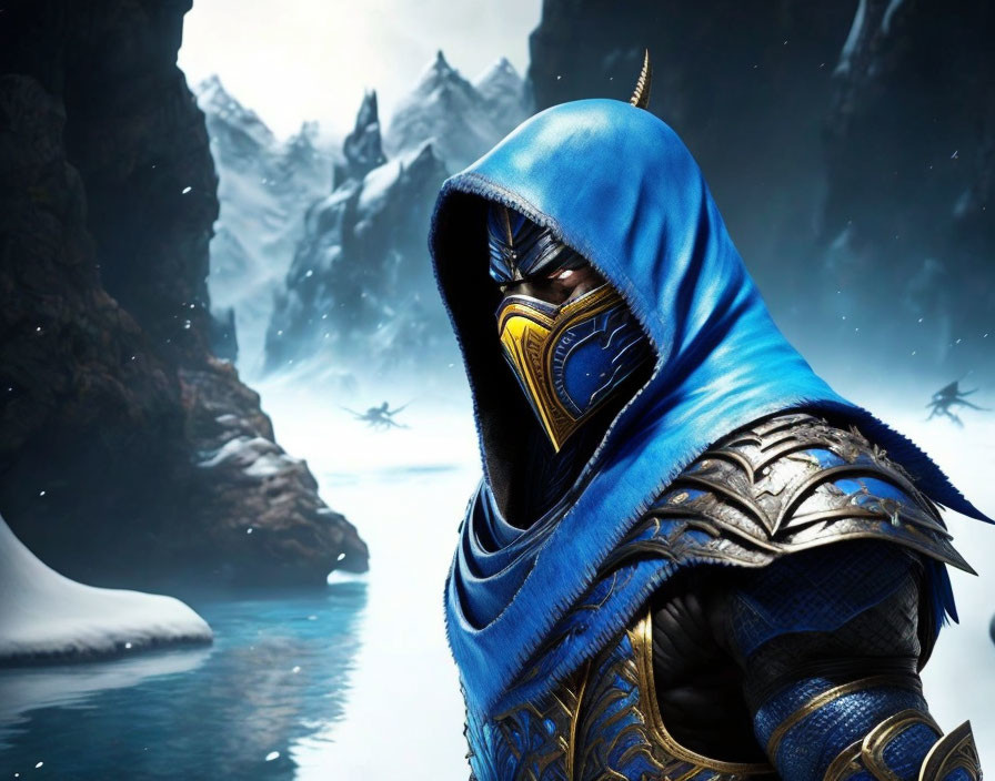 Cloaked figure in blue armor with golden mask against icy mountain backdrop