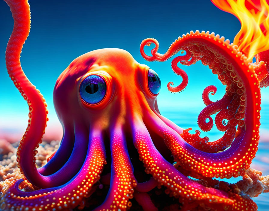 Colorful Cartoon Octopus with Fiery Tentacles in Deep Blue Ocean