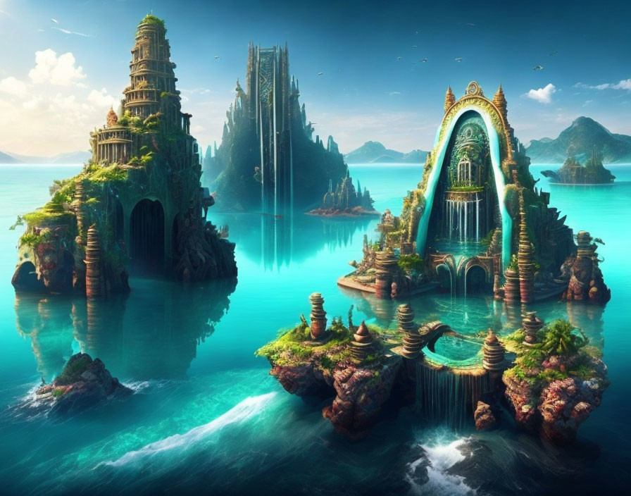 Fantasy Landscape with Mystical Islands and Waterfalls