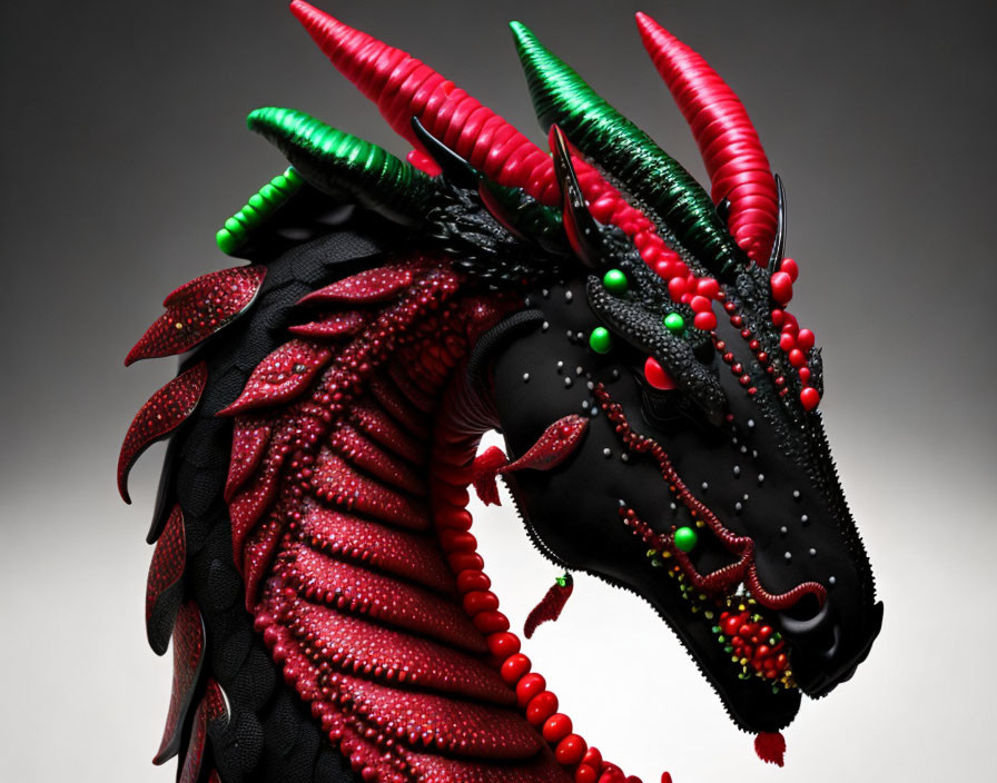 Detailed Dragon Head with Black Scales and Red Horns on Grey Background