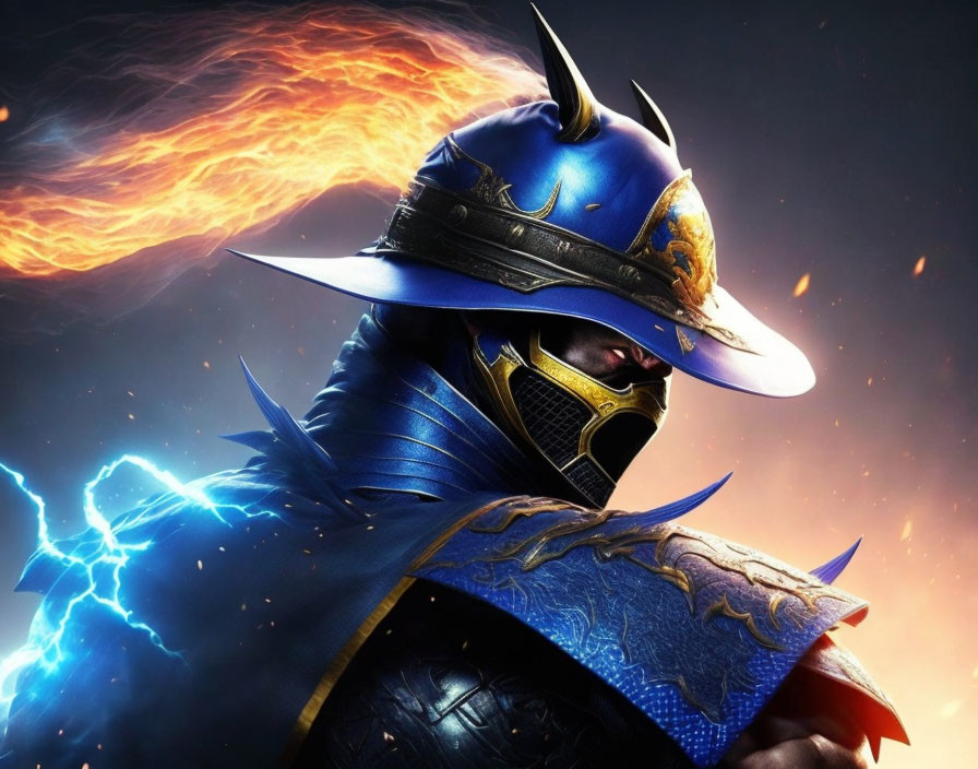 Dynamic Warrior in Blue Armor with Lightning and Flames