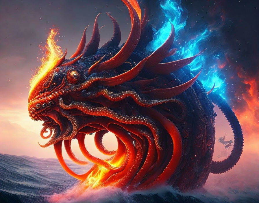 Fiery and Ice Dragon with Tentacles in Sunset Sky