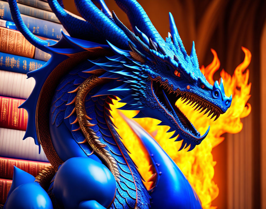 Blue dragon with fiery aura and hardback books in background