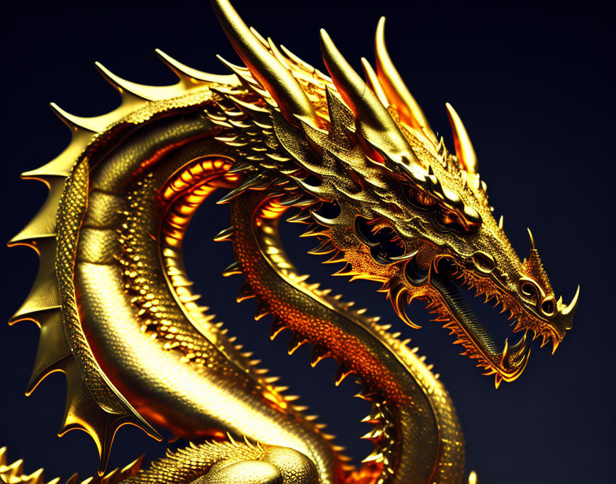 Golden dragon with intricate scales and fierce head on dark background