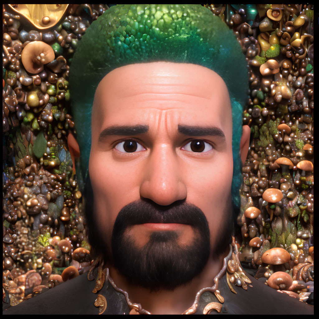 Stylized male portrait with green fez and groomed beard