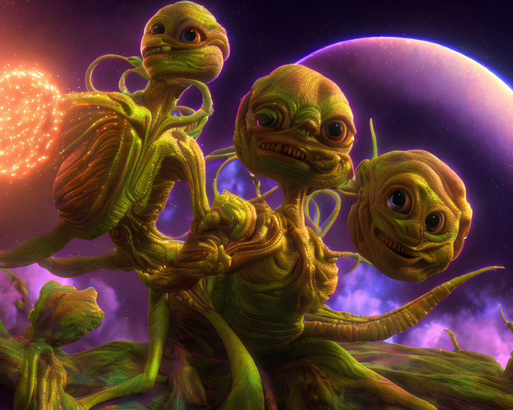 Three expressive extraterrestrial creatures on green terrain with cosmic backdrop