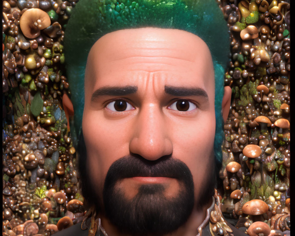 Stylized male portrait with green fez and groomed beard