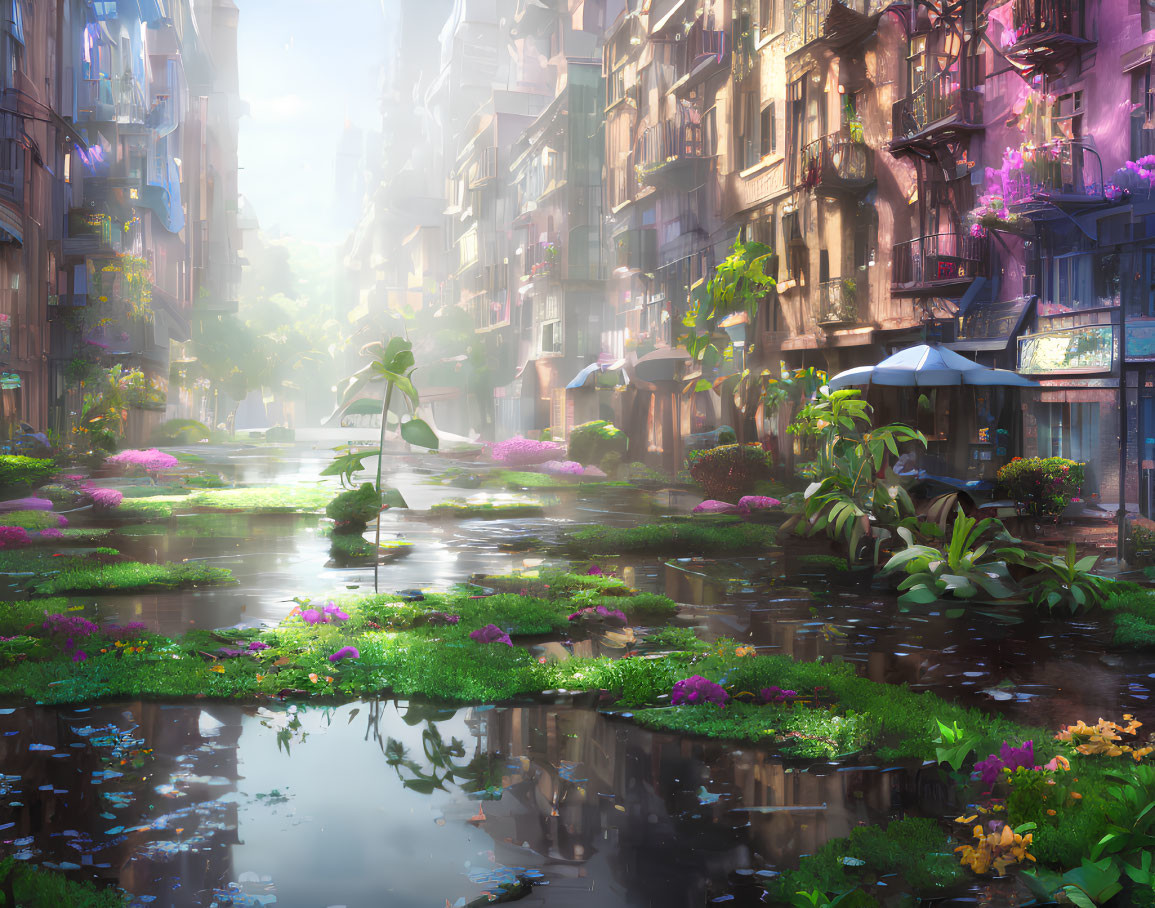 Sunlit city street transformed into canal with lush greenery and flowers