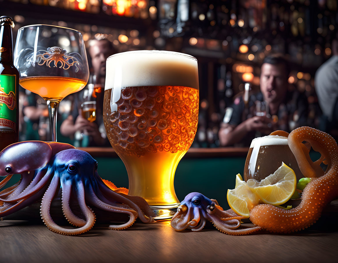 Bar counter with beer glasses, bottle, and octopus decor, people in background