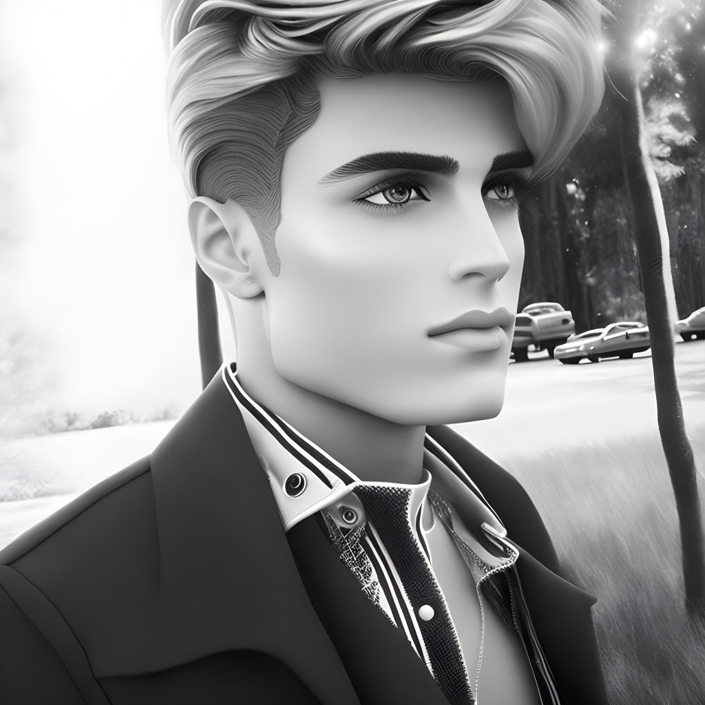 Stylish animated male in modern jacket with well-groomed hair in greyscale.