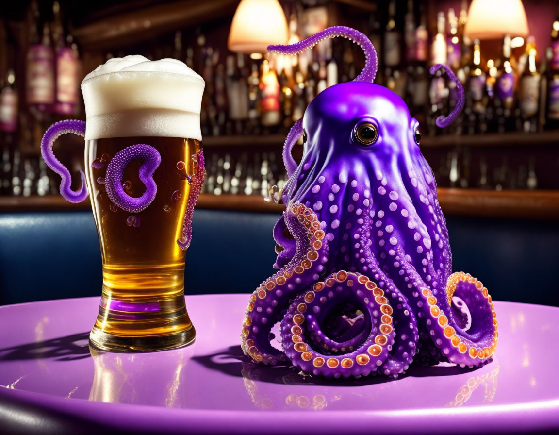 Purple Octopus Next to Pint of Beer on Bar Table