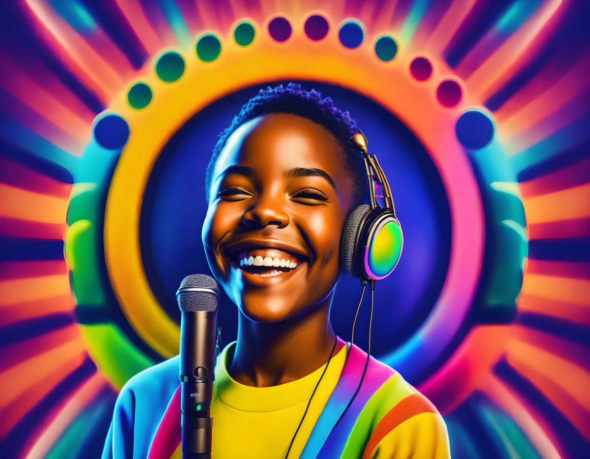 Colorful illustration: Joyful person with headphones and microphone amidst psychedelic soundwaves