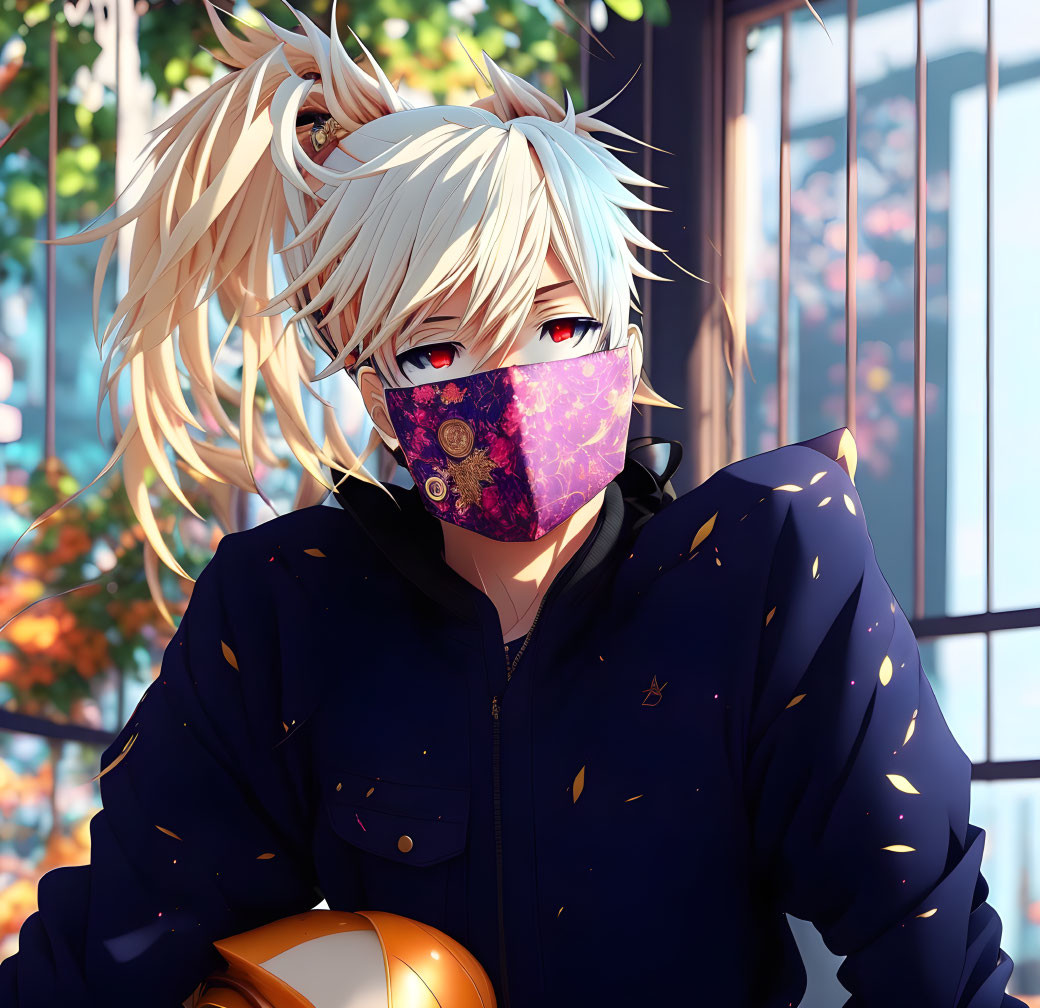 Purple Masked Anime Character with Blond Hair Holding Basketball in Autumn Setting