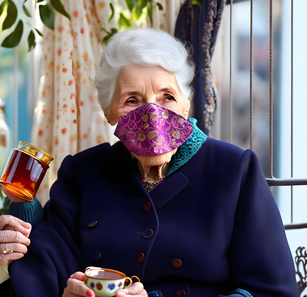 Elderly woman in patterned mask and blue coat with teacup and honey jar.