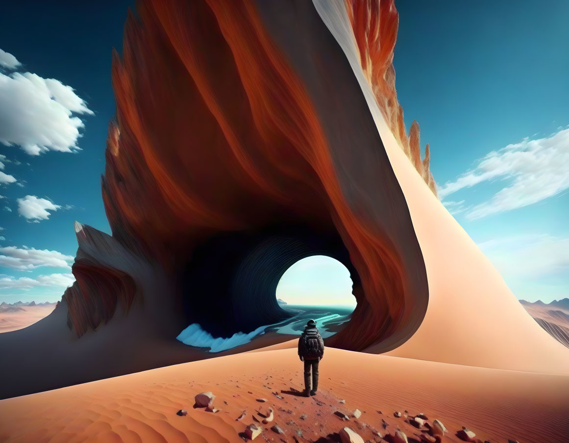 Surreal archway in desert with wave patterns under clear blue sky