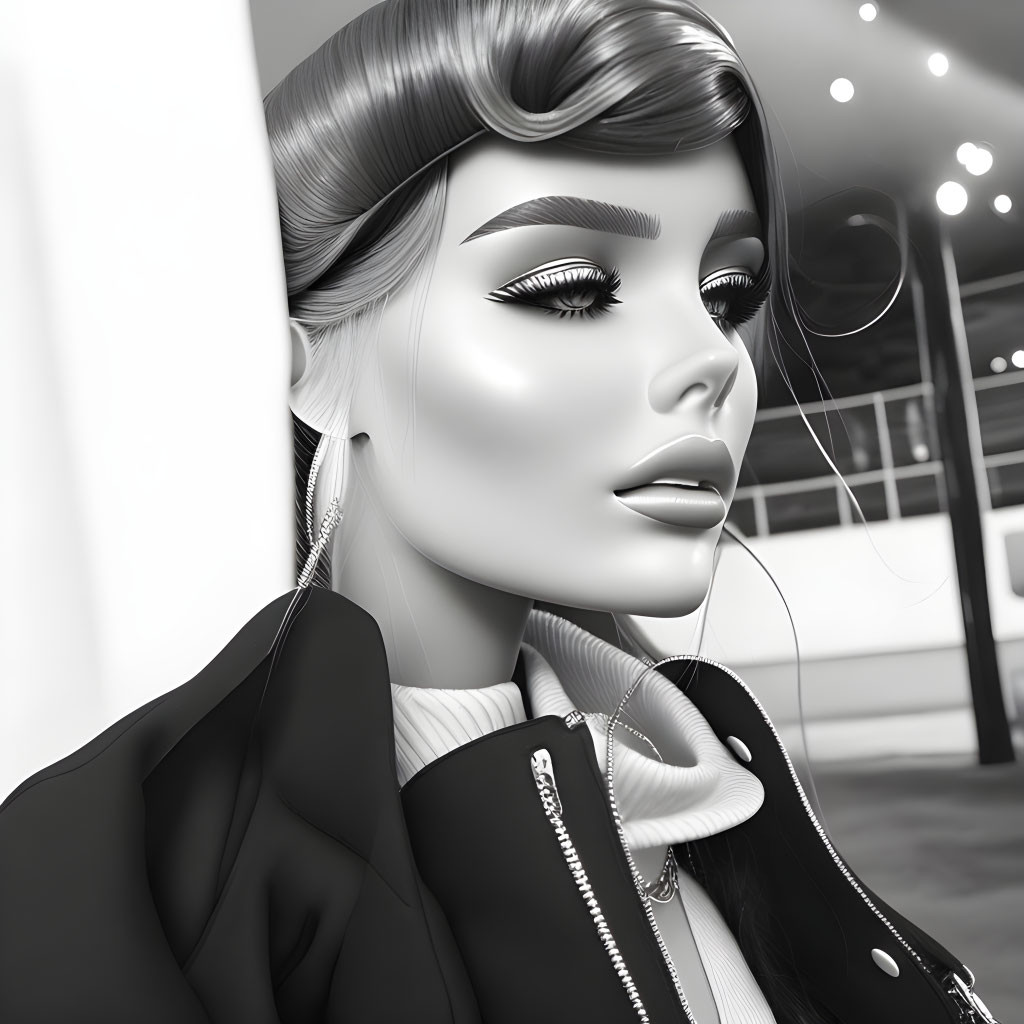 Monochromatic stylized woman with sleek hair and fashionable jacket