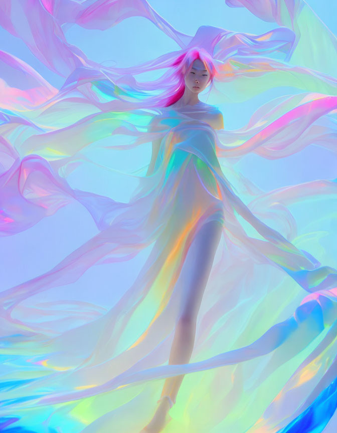 Pink-haired person surrounded by iridescent fabric in colorful setting