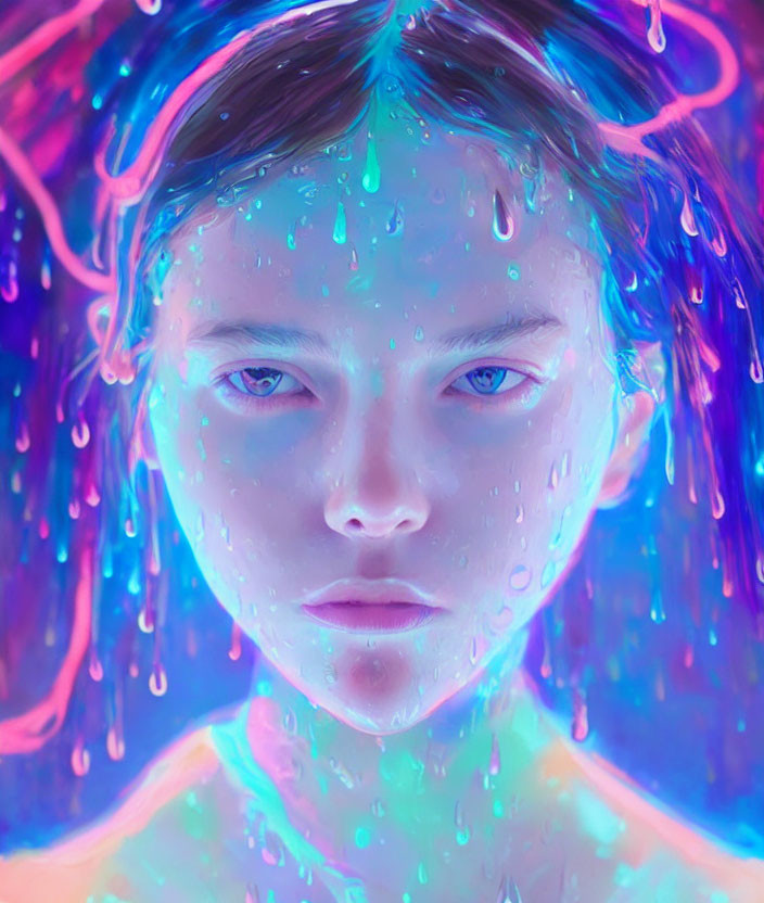 Neon-colored female face with glowing droplets in digital art