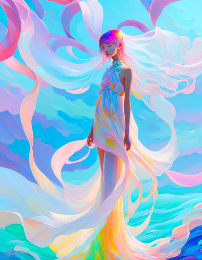 Colorful illustration of woman with pink hair in flowing dress against surreal backdrop