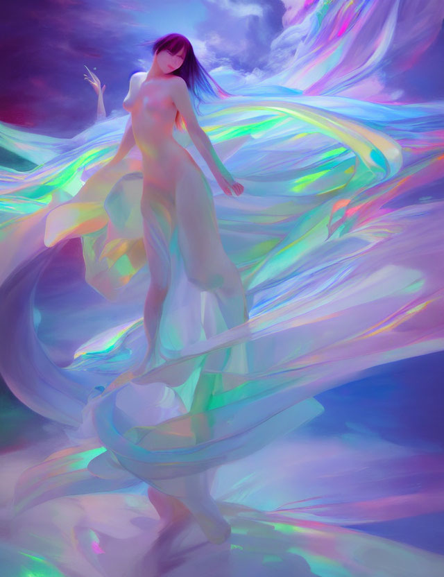 Vibrant surreal portrait of a woman with flowing hair amid swirling colors