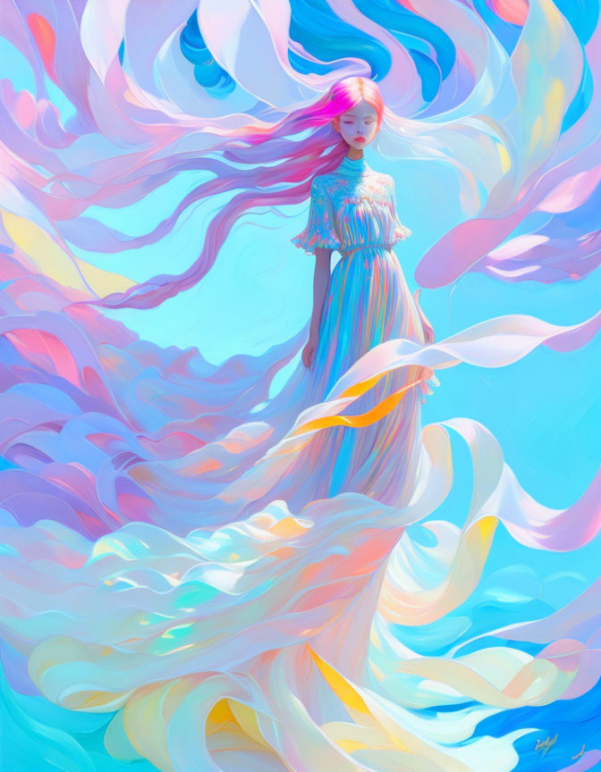 Stylized illustration of female figure with pink hair and dress in pastel ribbons