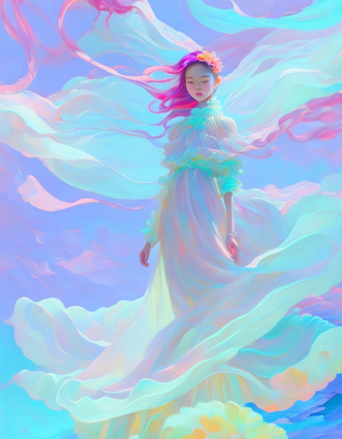 Illustration of floating girl with pink hair in dreamy sky