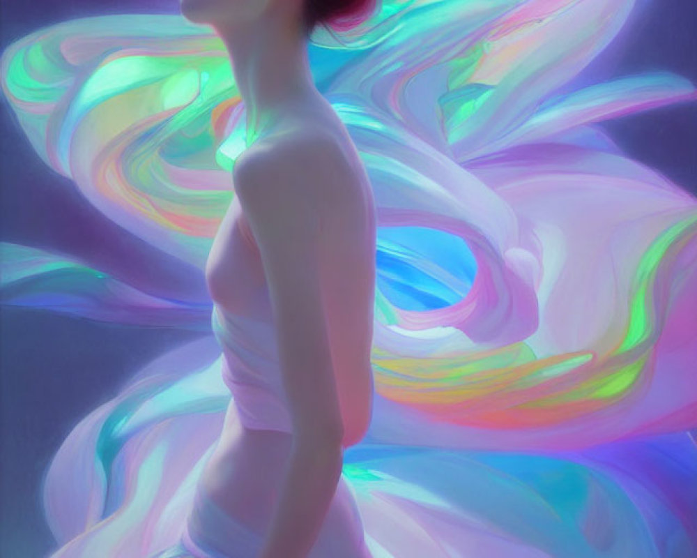 Woman with closed eyes and bun hairstyle among colorful swirling lights