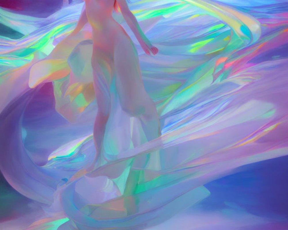 Vibrant surreal portrait of a woman with flowing hair amid swirling colors