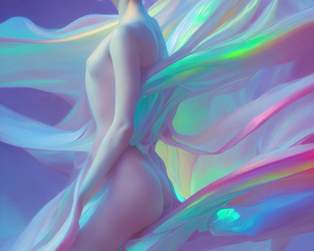 Ethereal woman draped in iridescent fabric on purple background