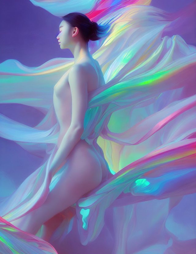 Ethereal woman draped in iridescent fabric on purple background