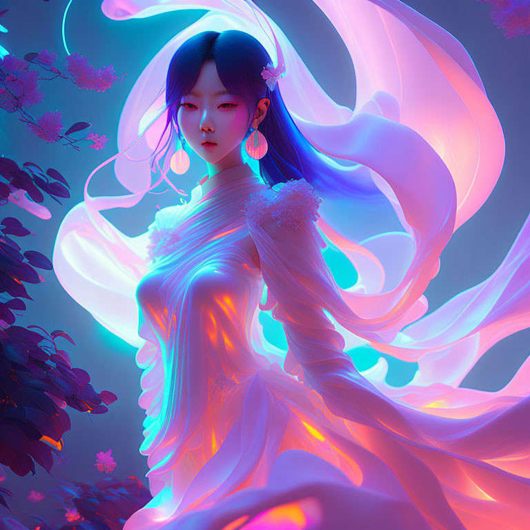 Digital Artwork: Woman in Luminescent Garments with Ethereal Blossom Branches