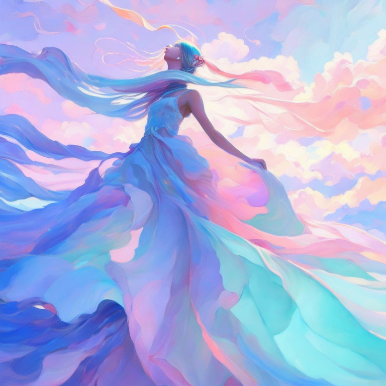 Surreal illustration of woman blending with pastel clouds