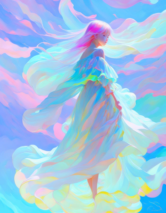 Whimsical figure in flowing dress with pastel hues