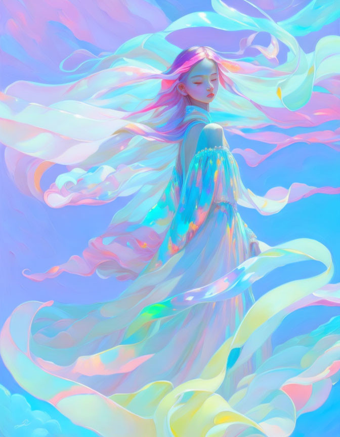 Colorful Woman Illustration with Flowing Hair on Pastel Blue Background