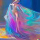 Surreal illustration of weightless nude female figure in vibrant colors