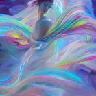 Ethereal woman draped in iridescent fabric on purple background