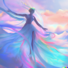 Surreal illustration of woman blending with pastel clouds